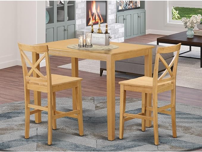 East West Furniture YAPB3-OAK-W 3 Piece Kitchen Counter Height Dining Table Set Contains a Rectangle Dining Room Table and 2 Wooden Seat Chairs, 30x48 Inch, Oak