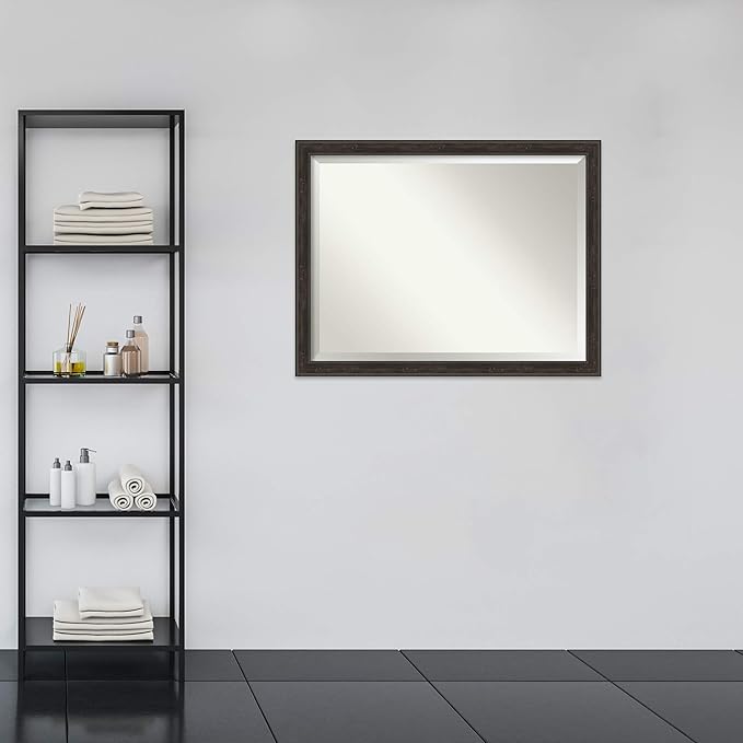 Amanti Art Brown Bathroom Mirror for Over Sink, 34x44 Shipwreck Greywash Narrow Rectangle Vanity Mirror, X-Large Traditional Frame, Hangs Horizonally and Vertically, Bathroom Wall Decor, Beveled Edge