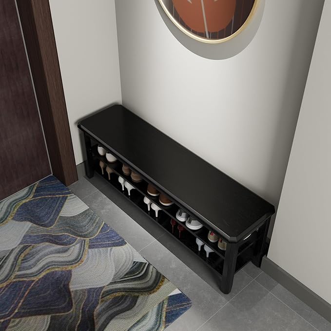 Wood Shoe Rack Bench for Entryway, 2 Tier Shoe Rack for Front Door Entrance, Shoe Bench with Shoe Storage for Entryway, Bedroom, 47.2"