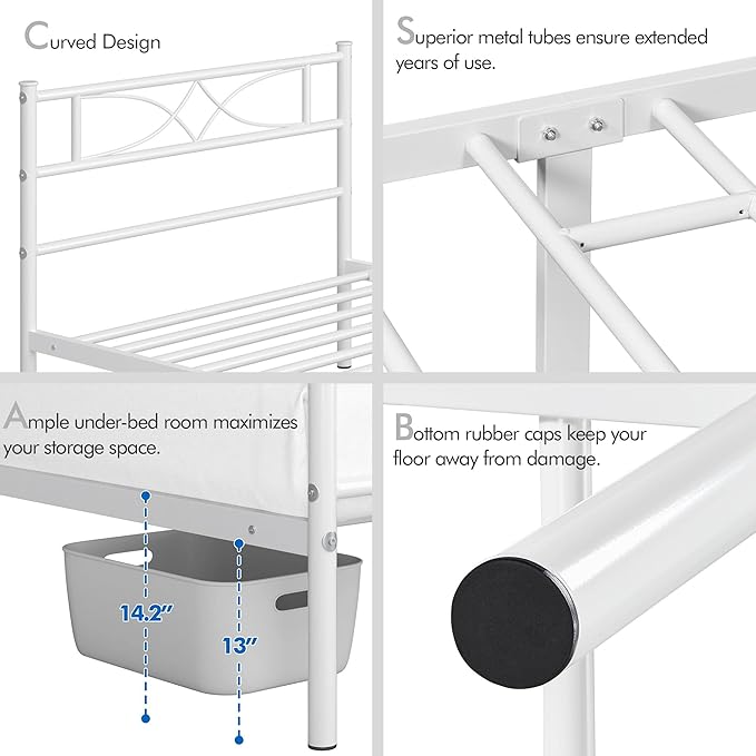 Yaheetech Metal Twin Size Bed Frame, Platform Bed Frame, Mattress Foundation with Curved Design Headboard & Footboard, NO Box Spring Needed, Heavy-Duty Support, Easy Assembly, Twin, White
