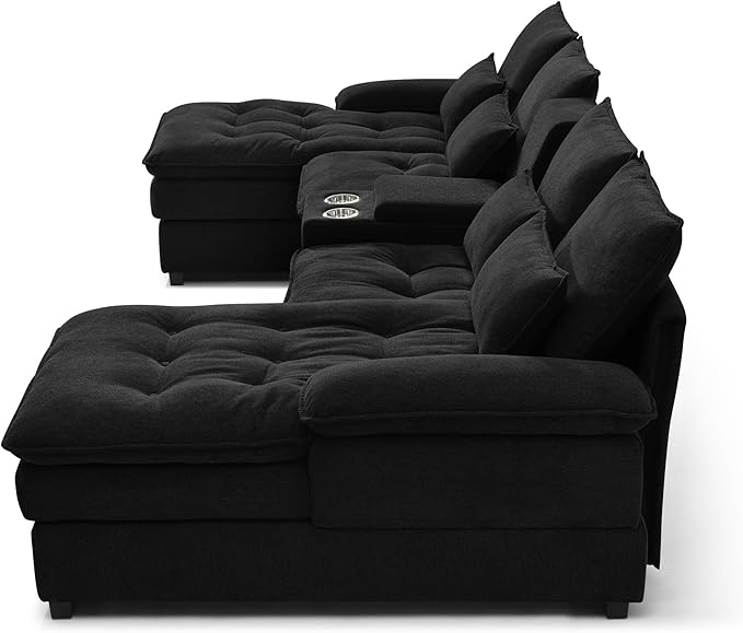 KEIKI 130" U-Shaped 6 seat Sofa with Storage Console, Cup Holders, Upholstered Sectional Sofa, Button Tufted Cloud Cushion Couch for Home, Office, Apartment, Black