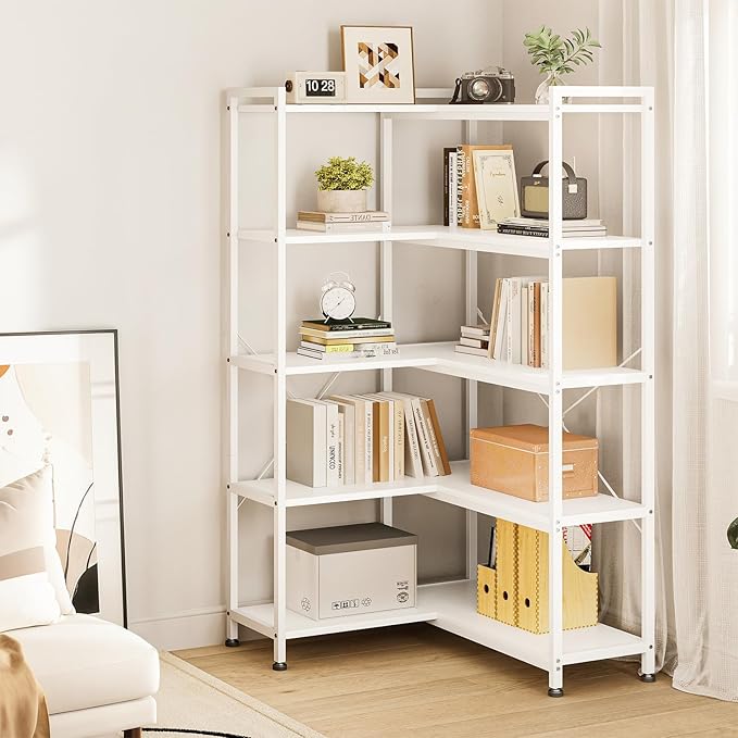 Casaottima Corner Bookshelf 5 Tier, 57 Inches Reversible Book Shelf for Living Room, Industrial Wooden Bookcase with Open Shelves and Metal Frame for Bedroom, Home Office, Kitchen, White