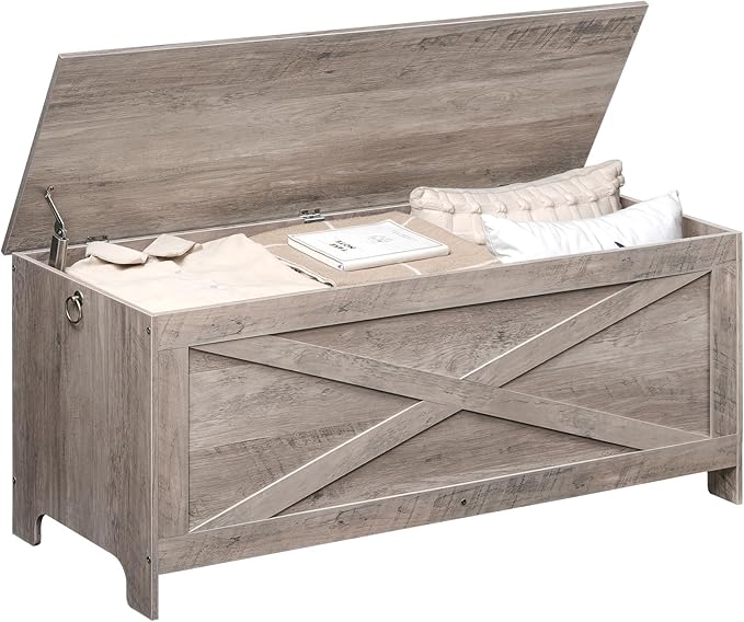 47.2" Toy Chest, Sturdy Entryway Storage Chest with Safety Hinges, Retro Toy Box, Wooden Look Accent Furniture for Living Room, Bedroom, Greige SCGY48801N1