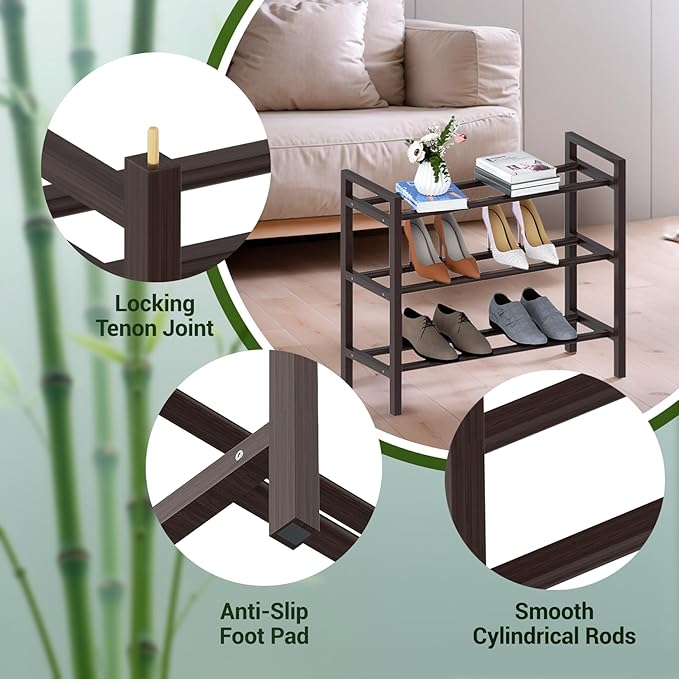 Haddockway Bamboo Shoe Rack for Closet, Free Standing Shoe Organizer with Smooth Round Rods & Convenient Handles, Stackable Shoe Storage Shelf for Entryway, Hallway(Brown, 3-Tier(Small))