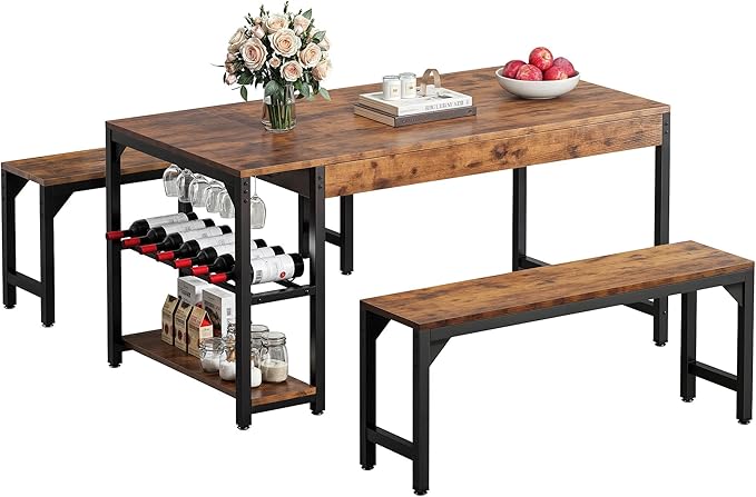DWVO 3-Pieces Dining Room Table Set for 4 People 63" Large Dining Table with 2 Benches Rectangle Industrial Kitchen Table for 4 with Metal Frame & 2 Storage Shelves for Small Space Kitchen Brown