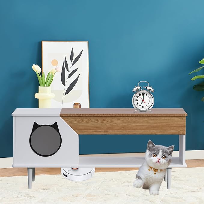 GAOMON White Coffee Table 45'' Cat Living Room Tables with Storage Drawer, Wooden Rustic Coffee Table with Cat House, Multifunctional Hidden Kitty Litter Box Furniture