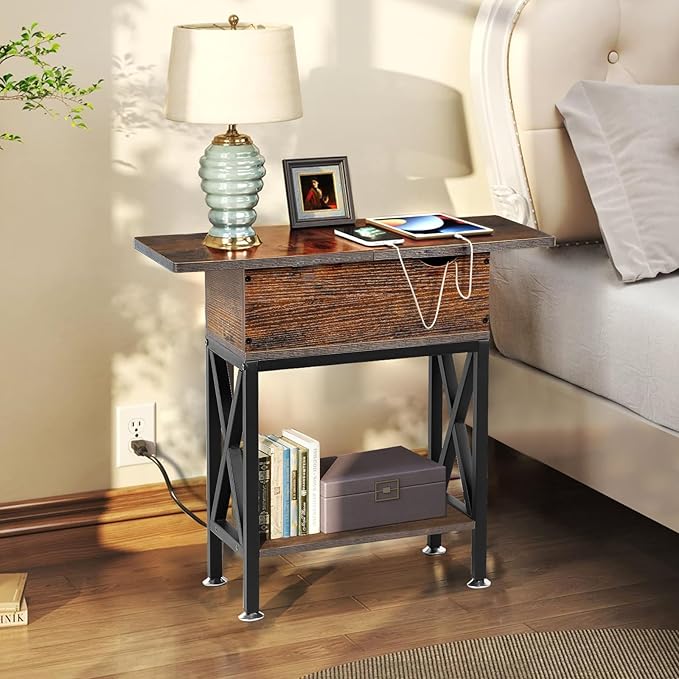 Toocust End Table Living Room with Charging Station, 11"D x 24"W x 23"H, Flip Top Side Table with USB Ports and Outlets, Narrow End Table with 5.3" Deep Drawer, Reinforced Steel X-Frame, Rustic Brown