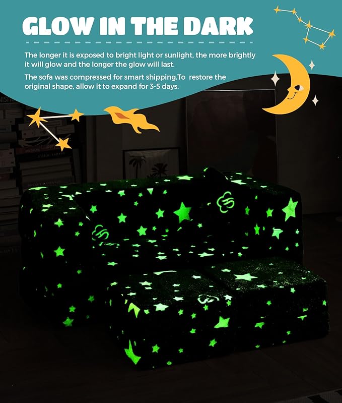 Modular Kids Sofa, Glow in The Dark Star Plush Couch, Convertible Kids Play Set, Fold Out Sofa Bed(Stars)