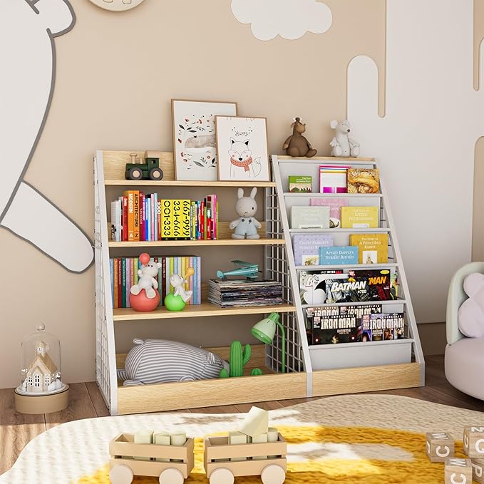 Kids Book Shelf,4 Tier Wooden Bookshelf,5 Layer Sling Children Bookcase,Toy Organizer Cabinet Chest,Book Display Shelf with Metal Frame, Nursery Playroom Classroom Library (Natural)