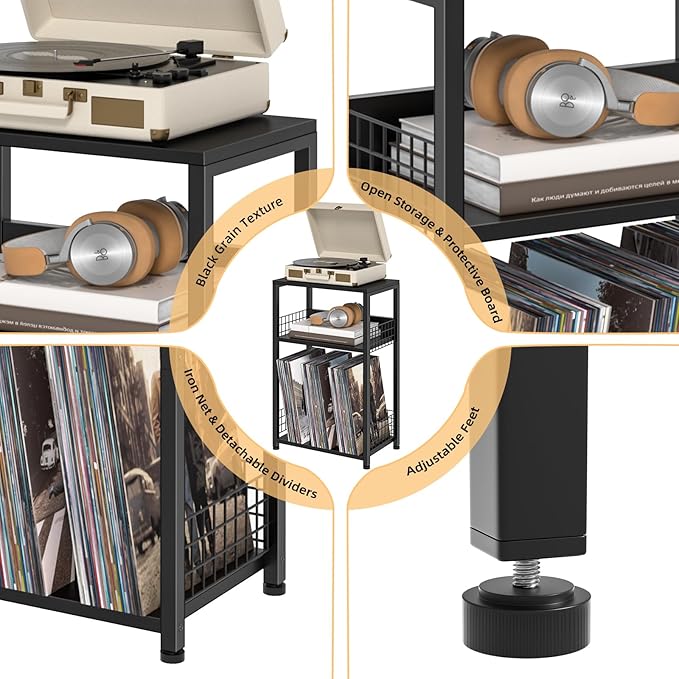 LELELINKY Side Table with Storage, Black Night Stand for Small Spaces, 3 Tier Industrial Wooden Record Player Holder with Vinyl Storage Shelf, End Tables Printer Stand for Bedroom