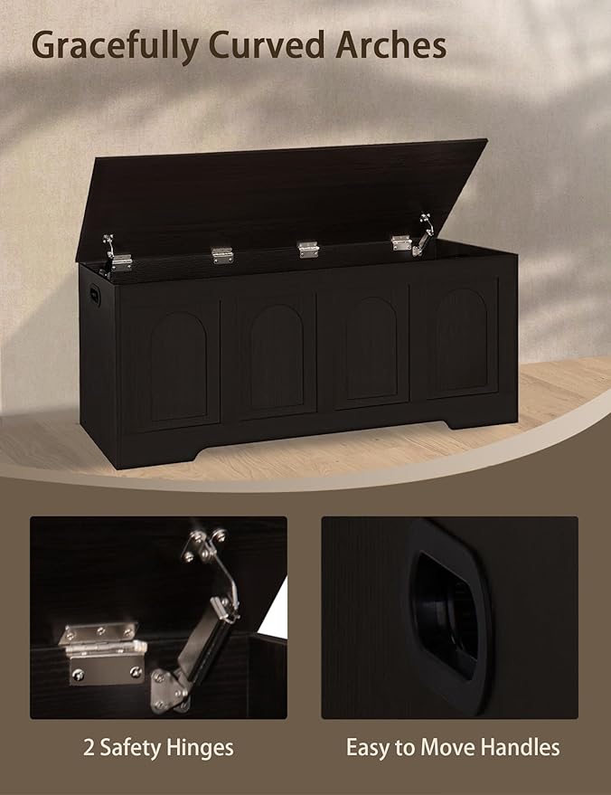DINZI LVJ Storage Chest, 47.2”Wooden Storage Box with 2 Safety Hinges, Entryway Shoe Bench with Flip-Top, Large Trunk for Living Room, Bedroom, Easy Assembly, Espresso