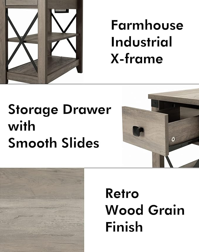 Narrow End Table with Charging Station Farmhouse Slim Side Table with USB Ports and Power Outlets, Nightstand with Flip Top and Storage Drawer, for Small Spaces Living Room Bedroom, Gray