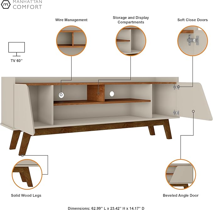 Manhattan Comfort Marcus Mid Century Modern 65 Inch TV Stand with Solid Wood Legs, Cable Management, 5 Shelves and Soft Close Doors, Entertainment Center and Media Console for Living Room, Off White