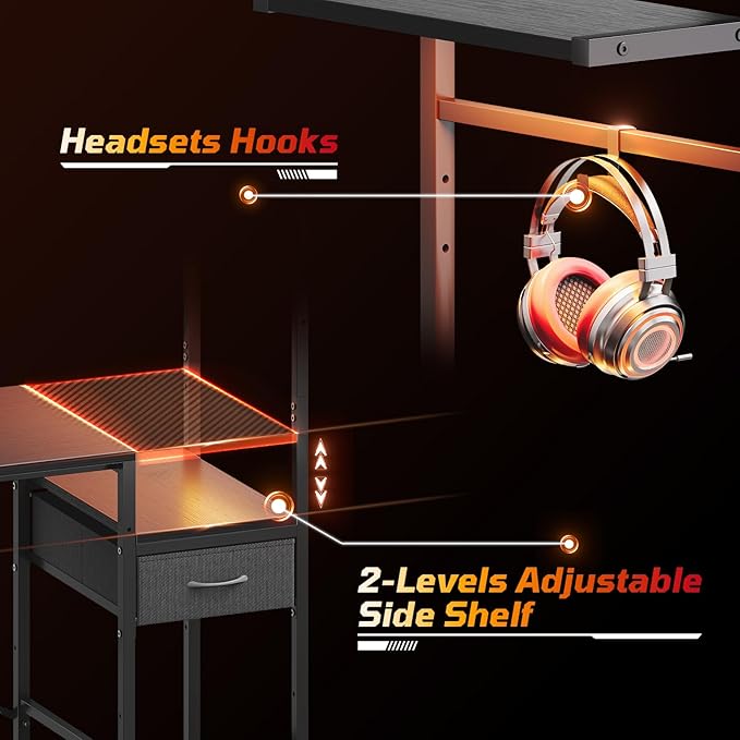 Bestier Gaming Desk with LED Lights, 44 Inch Reversible Computer Desk with Drawers & Storage Shelves for Small Spaces, PC Gamer Table with Storage Bag & Side Hook, Black