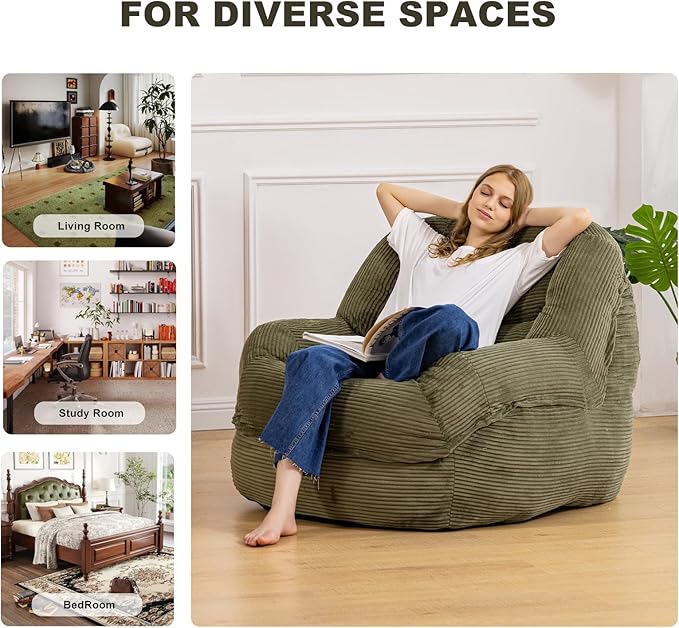 Giant Bean Bag Chair with Armrests - Oversized Cozy Seating for Adults, Corduroy Fabric & High - Density Foam Filling, Ideal Lounge for Living Room, Bedroom & Gaming Room (Olive Green)