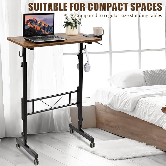 SIDUCAL Standing Desk Adjustable Height, Small Mobile Stand Up Desk with Wheels, Portable Computer Desk for Walking Pad, Rolling Table for Home Office Classroom, Rustic Brown