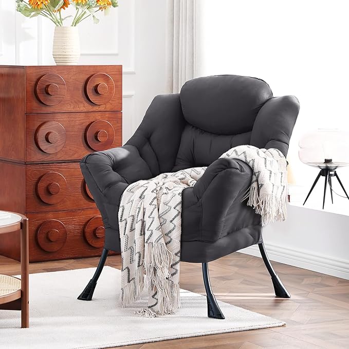 Lazy Chair, Reading Armchair, Large Modern Lounge Accent Chair, Leisure Sofa Chair for Living Room, Bedroom, Dorm Room, Dark Grey