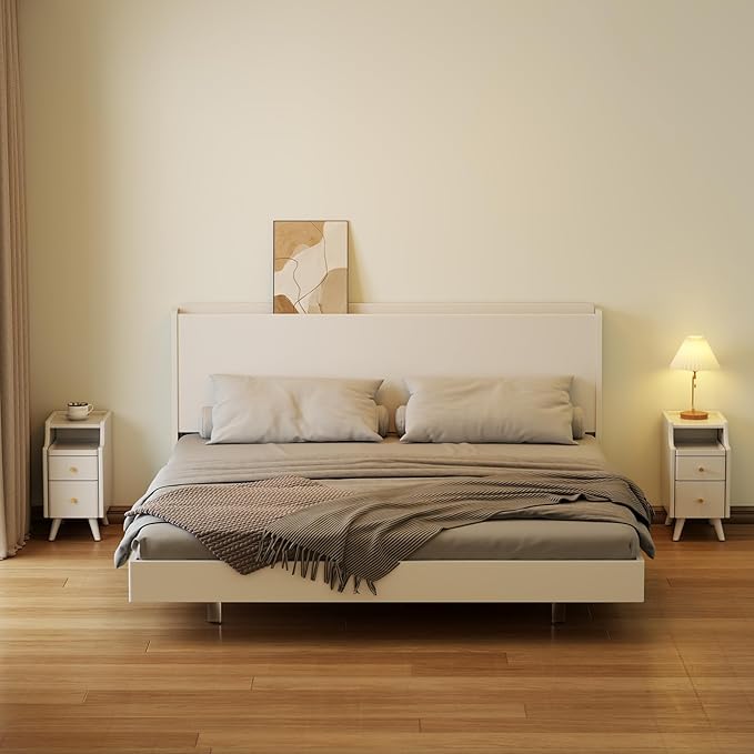 Small Nightstand with Drawers, Solid Wood Bedside Table, Narrow Walnut Nightstand for Bedroom