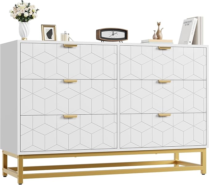 GAOMON White Dresser for Bedroom,Modern 6 Drawer Double Dresser with Gold Handles,Long Storage Organizer for TV Stand & Closet,Large Chest of Drawers for Living Room,Hallway,Entryway