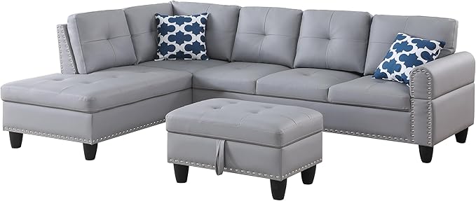 Ball & Cast 98" L Shaped Sectional Couch for Living Room with Storage Ottoman&Nailhead Trim,4 Seat Faux Leather Upholstered Modular Sectional Sofa Set 3 PCS W/Chaise&Cup Holders,for Home,Office,Gray