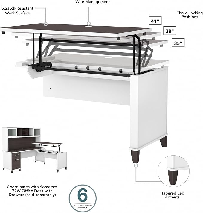 Bush Furniture Somerset 72W 3 Position Sit to Stand L Shaped Desk with Hutch in White and Storm Gray