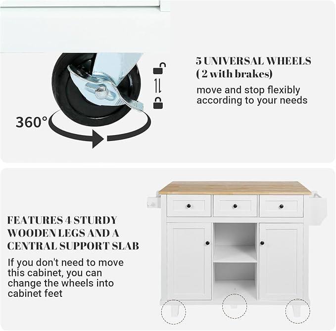 Rovibek Kitchen Island with Drawers 53 in Rolling Island Cart Mobile Solid Wood Portable Islands on Wheels with Storage Cabinet & Drawers, White
