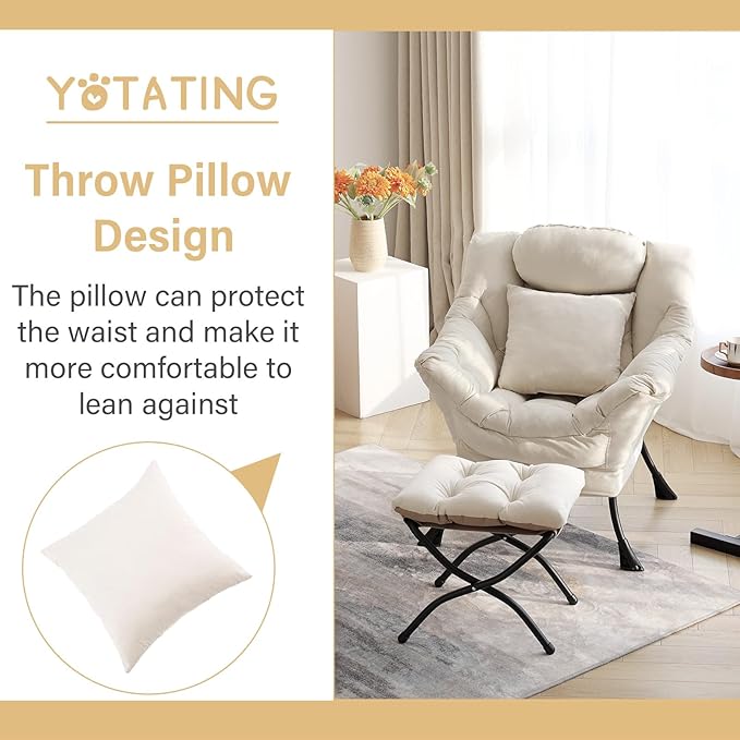 Lazy Chair with Ottoman, Comfy Reading Lounge Chair with Footstool & Throw Pillow Modern with Armrests & Side Pocket for Living Room, Bedroom, Dorm Room, Velvet Beige