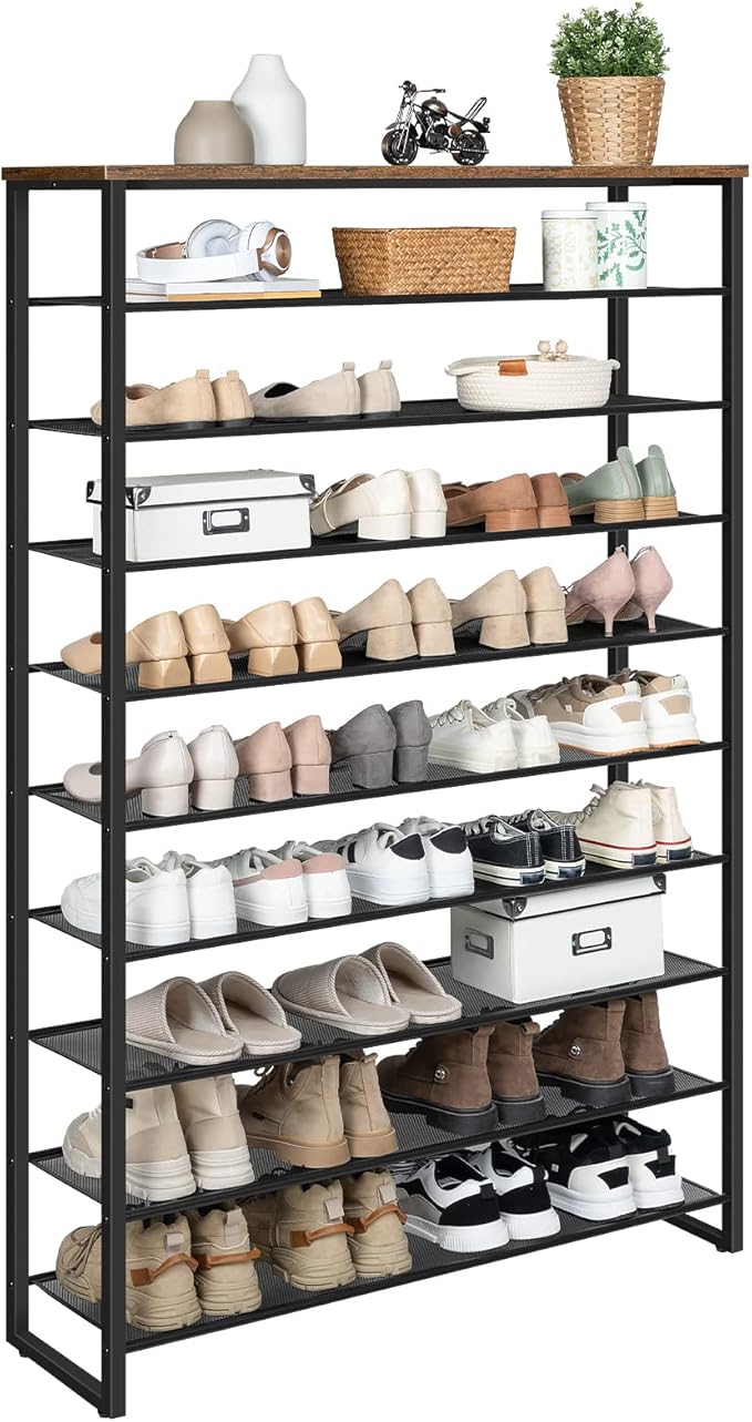 HOOBRO 10-Tier Shoe Rack, 39.4" L Shoe Storage Organizer, Large Capacity Shoe Shelf for Front Door Entrance, Entryway, Hallway, Holds 45-50 Pairs of Shoes, Closet, Rustic Brown BF171XJ01
