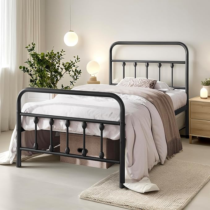 Twin Bed Frame-Classic Metal Platform Bed Frame Mattress Foundation with Victorian Style Iron-Art Headboard/Footboard/Under Bed Storage/No Box Spring Needed/Black