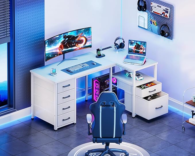 Coleshome L Shaped Computer Desk with 6 Drawers & Power Outlet, 55 Inch Corner Desk with Reversible Storage Shelf & File Drawer, Home Office Desk, White
