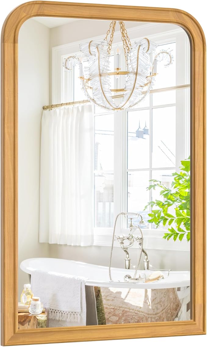 WallBeyond Wood Bathroom Mirror 20" x 30" Wooden Arched Wall Mirror Farmhouse Style Bathroom Vanity Mirror for Home Decor Rectangle Mirror (Natural)