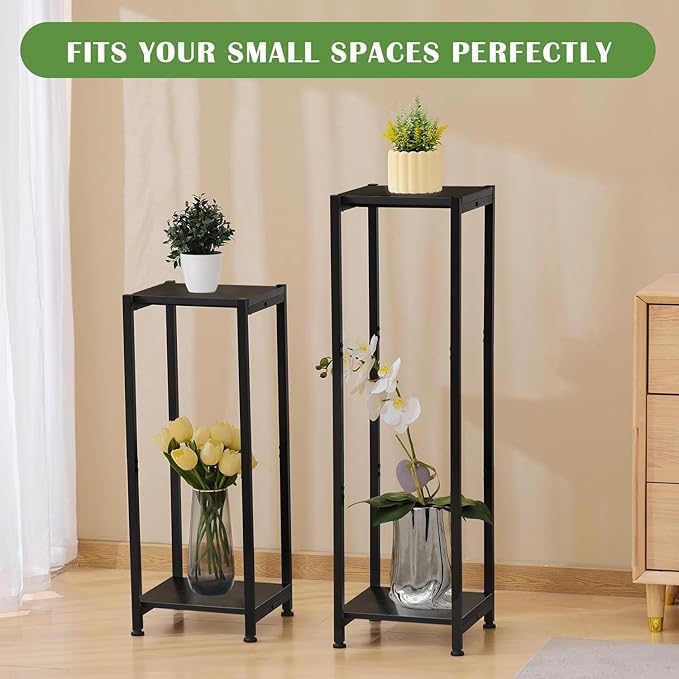Extra Tall Plant Stand Indoor,40 Inch Plant Stands,2 Tier Metal Plant Stand with Heavy Duty Wood,Black