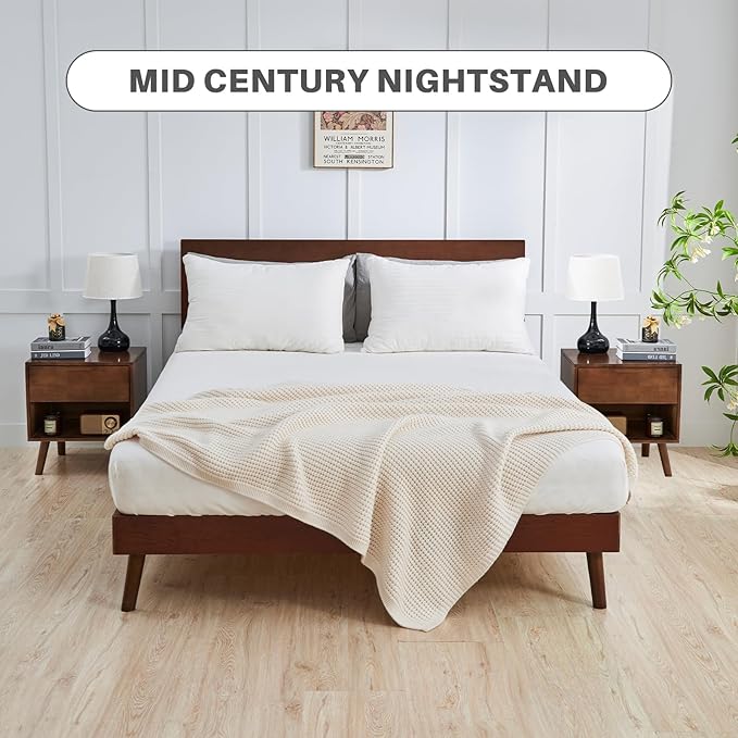 Uniclinens Nightstand with Drawer and Opening Storage, Modern Solid Rubberwood Bedside Table for Bedroom, 19" Sofa Side Table End Tables Living Room, Walnut