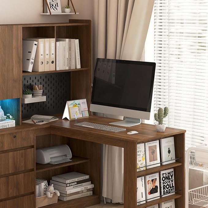 KEIKI L Shaped Home Office Desks with LED Light, Pegboard, Hutch, Drawers, Bookshelf & Storage Shelves, Modern Wooden Gaming Computer Corner Table for Work, Study, Writing
