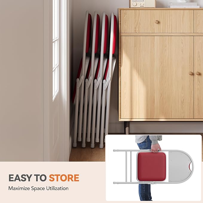 GarveeHome 2 Pack Folding Chairs with PU Leather Padded Cushion and Back, Metal Foldable Chair for Indoor Outdoor, Commercial Stackable Guest Chairs for Camping, Dining Room, Office, Party, Red