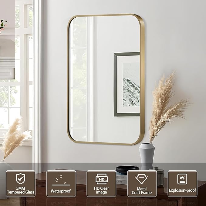 Gold Mirror, 22x30 Inch Gold Rectangle Mirror, Aluminum Alloy Framed Vanity Mirror, Rounded Rectangle Bathroom Mirror for Over Sink, Anti-Rust Wall Mirror (Horizontally or Vertically)