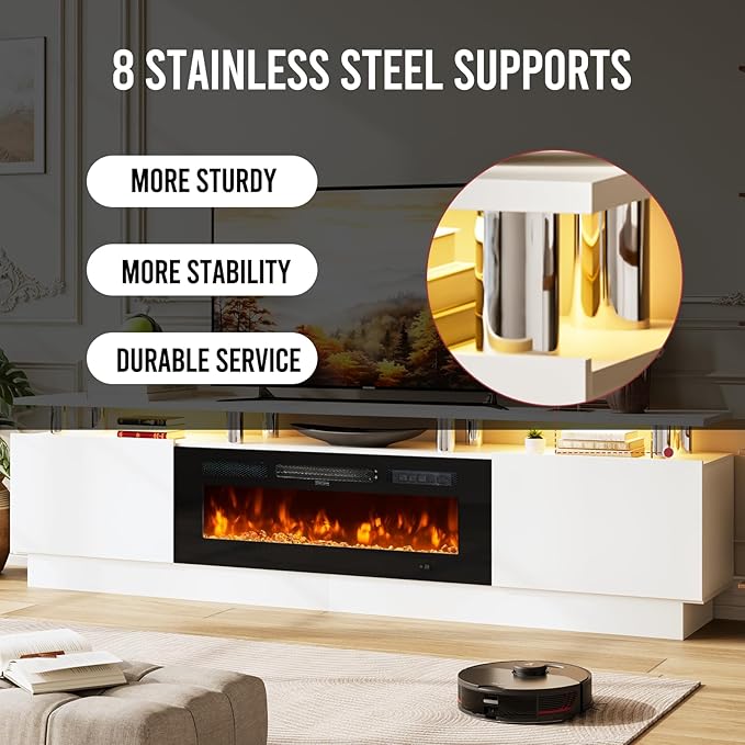 80" TV Stand & Media Console, Entertainment Center with Storage Shelves, Fits TVs up to 90", Modern Living Room Cabinet, 36" Electric Fireplace (White+Black)