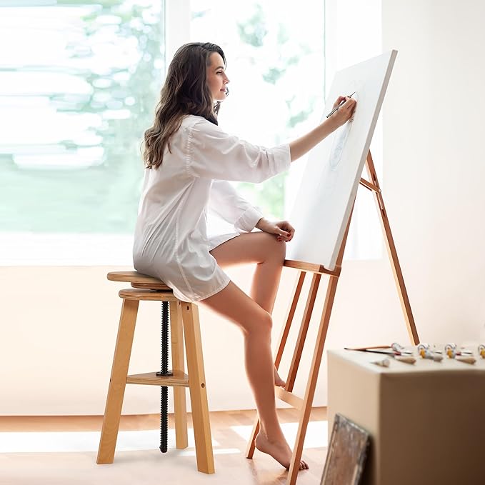 VISWIN Adjustable Drafting Stool for Artists & Adults, 19"-26" Height Solid Beech Wood Art Stool for Studio, Swivel Drafting Chair for Drawing, Home Use, Office, Kitchen