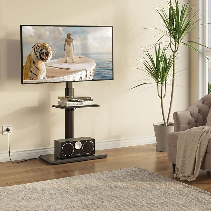Greenstell TV Stand with Power Outlet & AV Shelf, Universal Floor TV Stand for 32-75 inch TV, Swivel Tall TV Mount Stand, Holds up to 110 LBs,Height Adjustable and Wood Base, Max VESA 600x400mm,Black