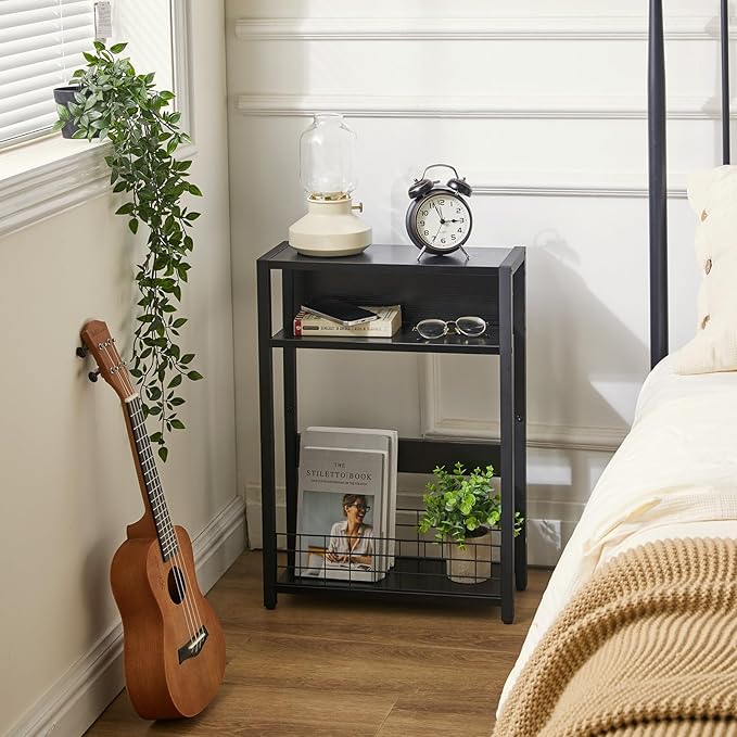 IBUYKE Narrow Side Table with Storage Shelf, 3 Tier End Table,Modern Sofa Table,Small Nightstand with Magazine Rack,Telephone Table for Small Spaces,for Living Room, Bedroom,Black UTMZ001B