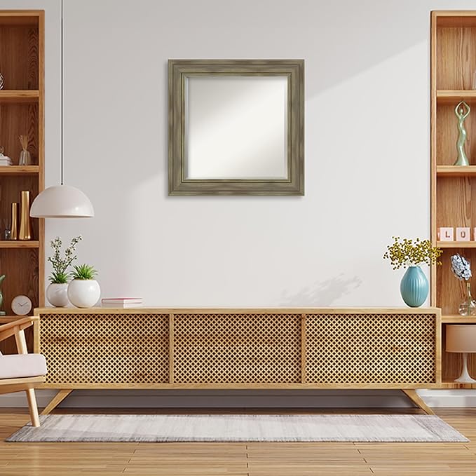 Amanti Art Grey Wall Mirror 26x26 Alexandria Greywash Square Bathroom Mirror for Wall Decor Living Room, Medium Country Rustic Wood Frame, Hangs Horizonally and Vertically, Bathroom Decor, Beveled