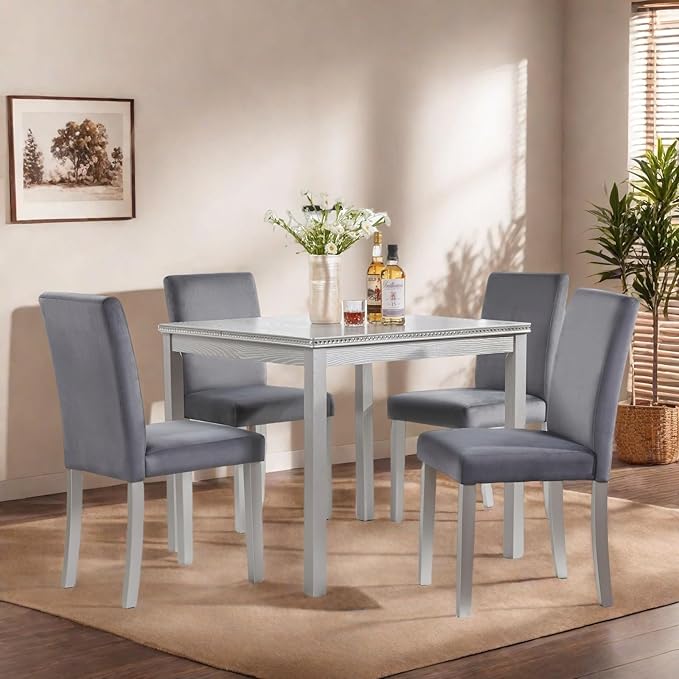 Dining Table Set for 4, 5-Piece Dining Room Table Set with Square Crystal Decoration Table & 4 Upholstered Backrest Chairs, Counter Height Kitchen Sets with Faux Wood Grain Design, Grey
