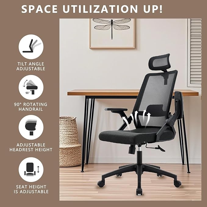 Ergonomic Swivel Task Chair High Back Home Desk Chair Computer Office Chair Mesh Rolling Work Chairs with Headrest and Lumbar Support Black
