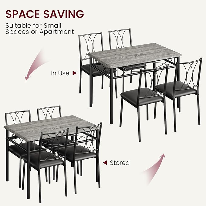GAOMON Dining Table Set for 4, Rectangle Kitchen Table with 4 Upholstered Chairs Set for 4, 5-Piece Compact Apartment Kitchen & Dining Room Set Furniture for Small Spaces, Space-Saving, Rustic Gray