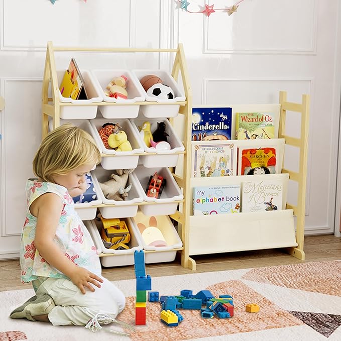Wooden Toy Storage Organizer Kids Bookshelf, with 12 Toy Organizer Bins, Child Book Shelf for Kids Rooms, Nursery, Baby Room, Playroom, Montessori Toys Storage Organizers Rack Bookcase Shelves