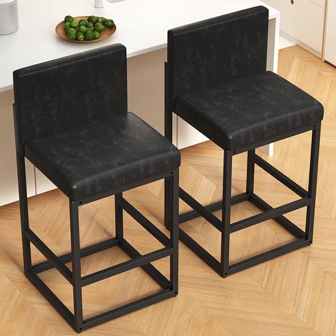 Barstools Set of 2 Black Metal Bar Stools Modern Bar Chairs Pu Leather for Kitchen Island Counter Height Cafe Resturant Stools, 26 Inch
