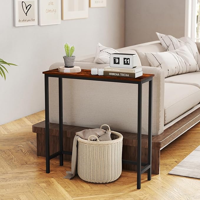 HollyHOME Narrow Console Table, 29.5" Slim Entryway Table, Sofa Stand, Hallway Shelf for Hallway, Bedroom, Living Room, Foyer, Rustic Brown