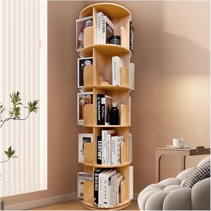Rotating Bookshelf,360 Display Round 5 Tier Floor Standing Bookcase Storage Rack,Wood Spinning Bookshelf Tower for Bedroom,Living Room
