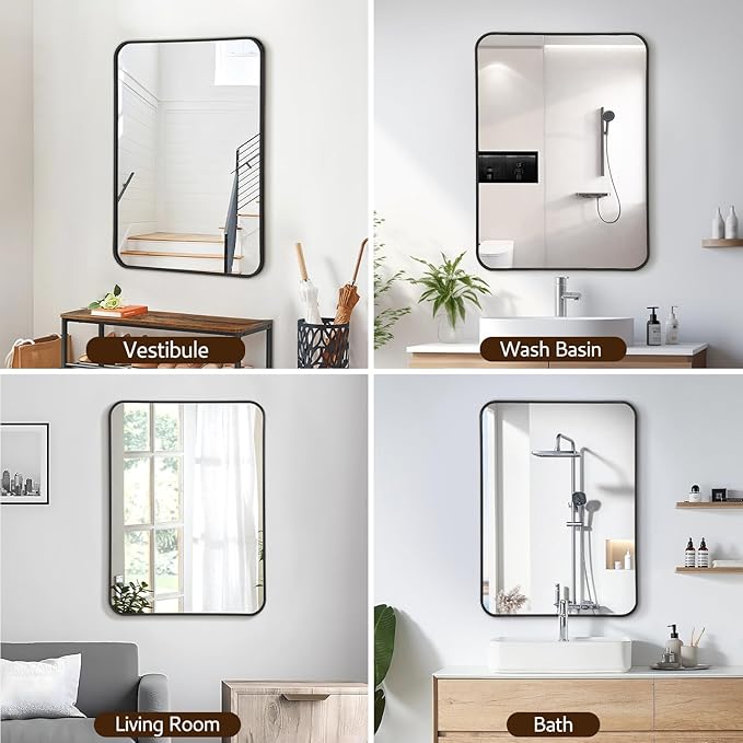 20x28 Rounded Rectangle Bathroom Mirrors for Over Sink, Black Vanity Mirror with Metal Frame Wall Mounted, Modern Farmhouse Mirror for Restroom, Bedroom, Entryway Decor