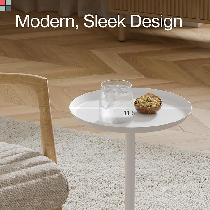 Round Metal Drink Table, Pedestal Drink Desk, Modern Home, Bedroom, and Living Room Furniture, Versatile Small Metal Side Table with Dome Base and Beveled Top (White Pedestal Stand)
